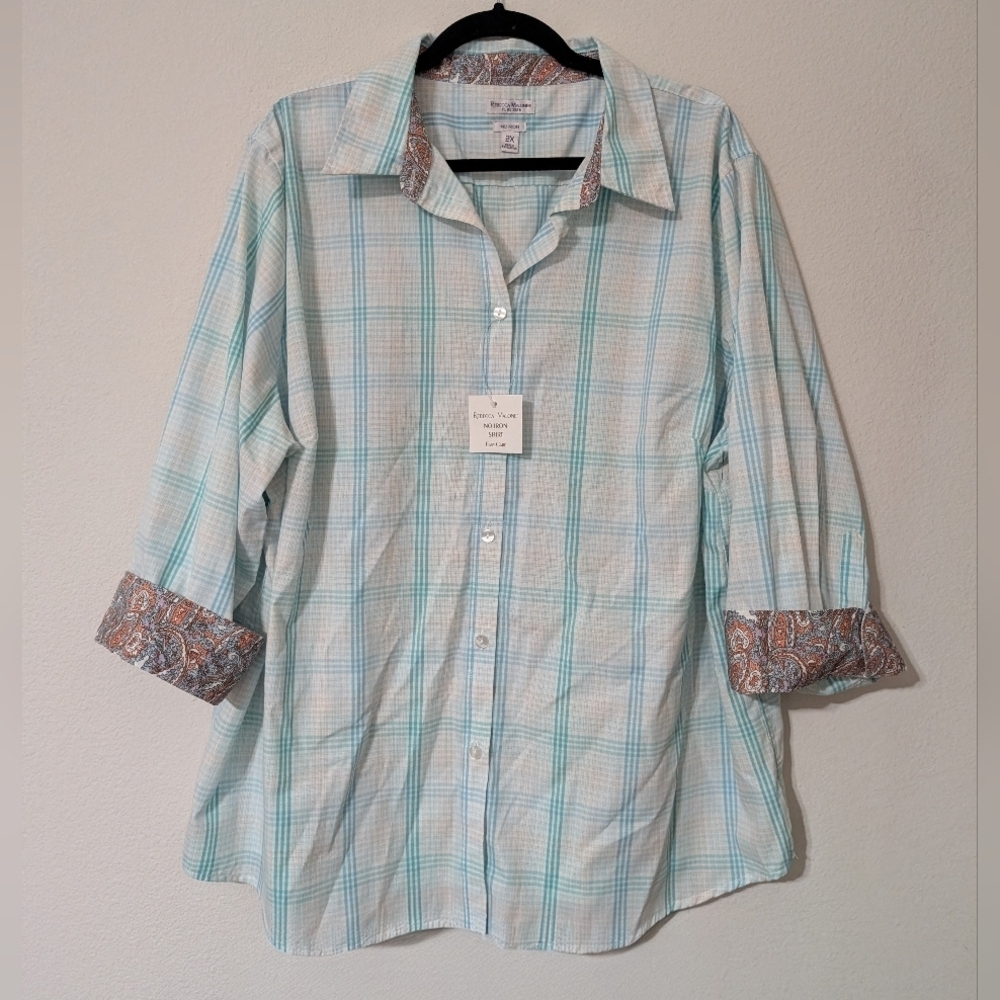 Rebecca Malone Aqua and White Plaid/Paisley Button-Down No Iron Shirt